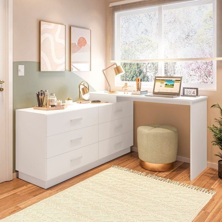 Cômoda com Escrivaninha em L com 6 Gavetas Leonie Yescasa Branco Branco