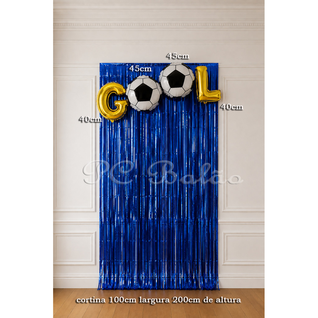 Kit 5 : Balão Metalizado LETRA DOURADO (GOOL) C/ 2 FUTEBOL NO LUGAR DO ( O ) ANIVERSÁRIO + CORTINA