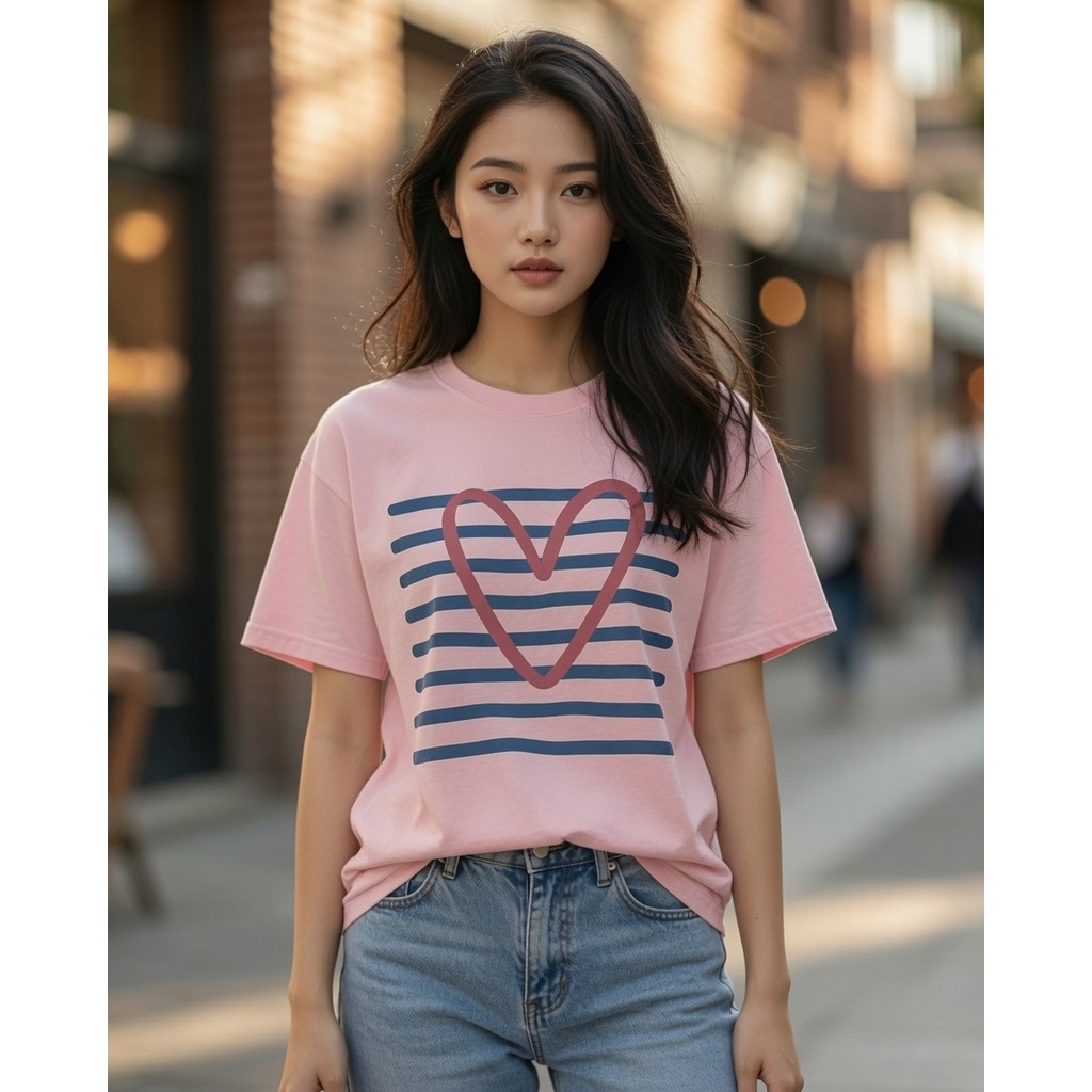 Camiseta Casual Feminina Manga Curta Gola Redonda Estampada Coração Rosa e Listras Confortável 100% Algodão Estilosa