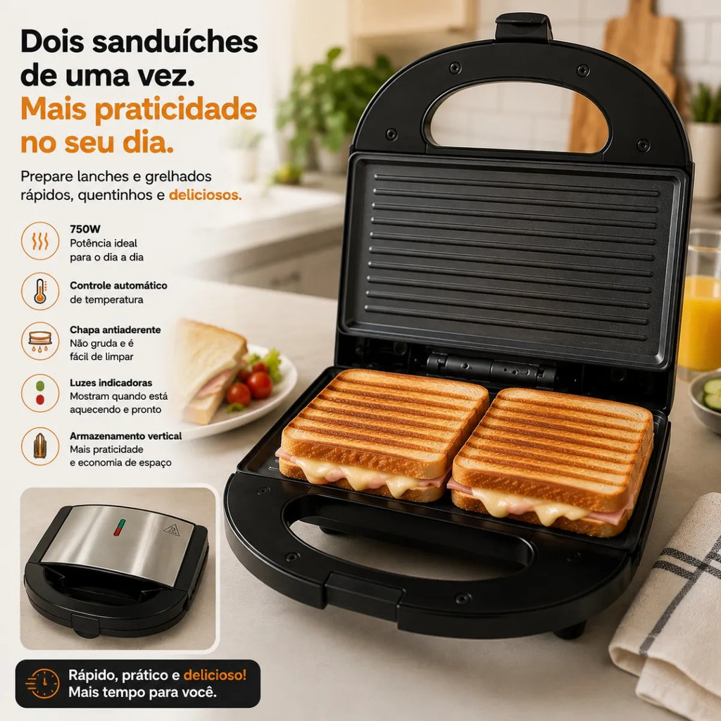 Sanduicheira Grill Elétrica 750W Antiaderente 2 Sanduíches Rápido 110V ou 220V Inox Termostato Automatico · foto 2