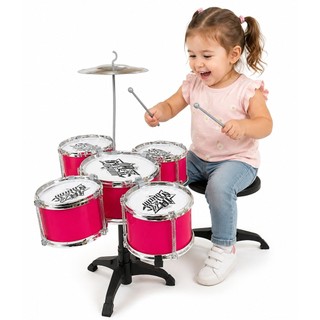 Mini Bateria Musical Infantil Rosa C/Luz e Banco Castela