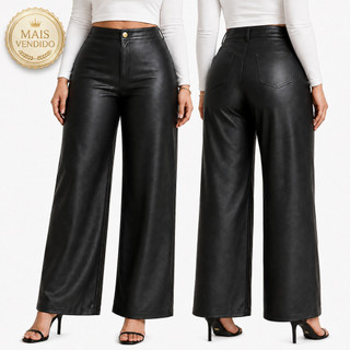 Calça Feminina Wide Leg Pantalona Cintura Alta Couro Fake Premium