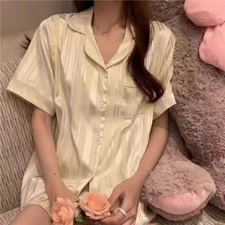 Pijamas femininos de seda gelo estilo coreano manga comprida fino 2026 conjunto de pijamas de seda feminino