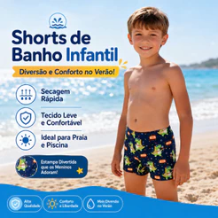 Sunga Boxer Infantil Masculina em Poliamida com Estampa de Dinossauro – Tamanhos 3 ao 10
