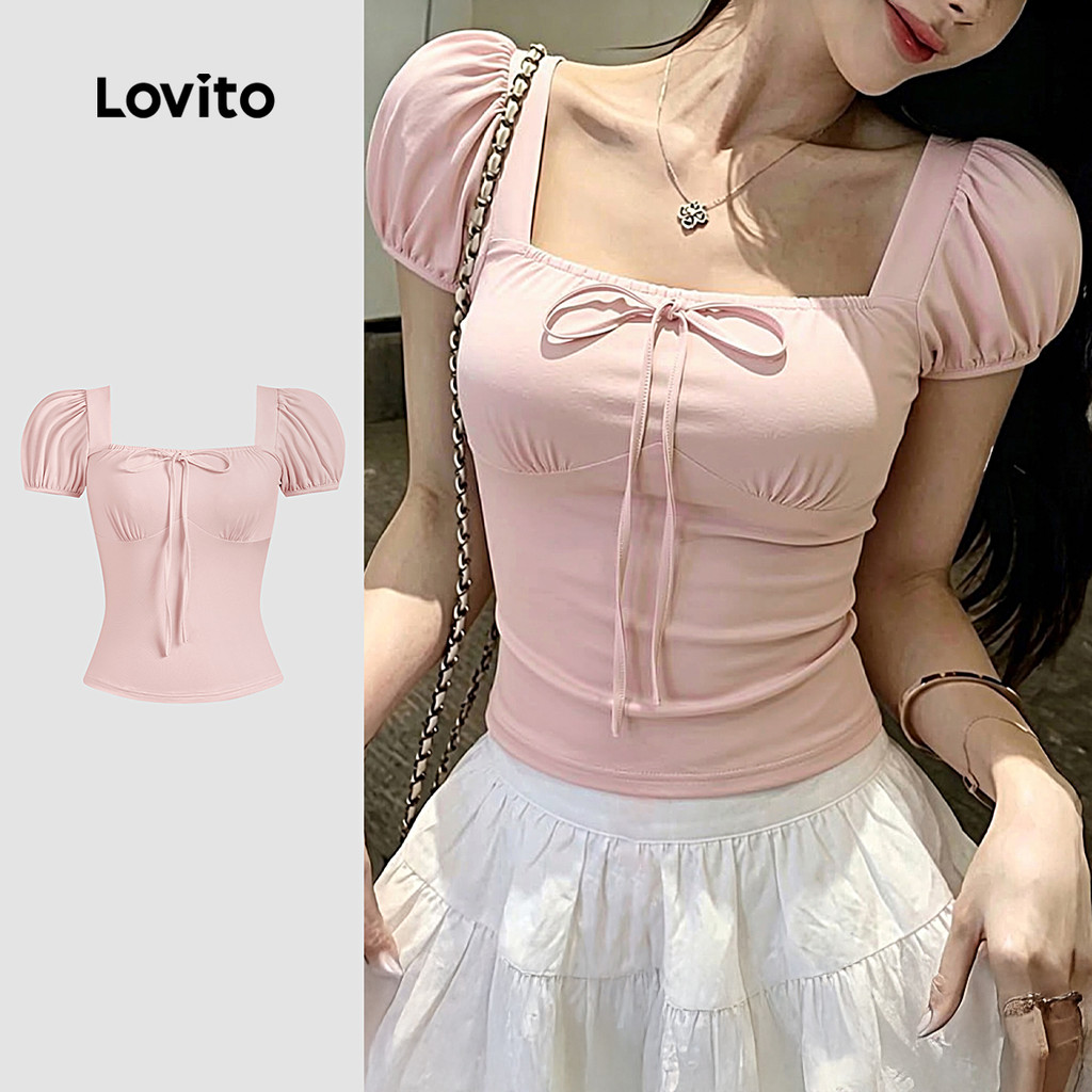 (New Arrival) Lovito Camiseta Rosa de Laço Adorável Confortável e Elegante para 
