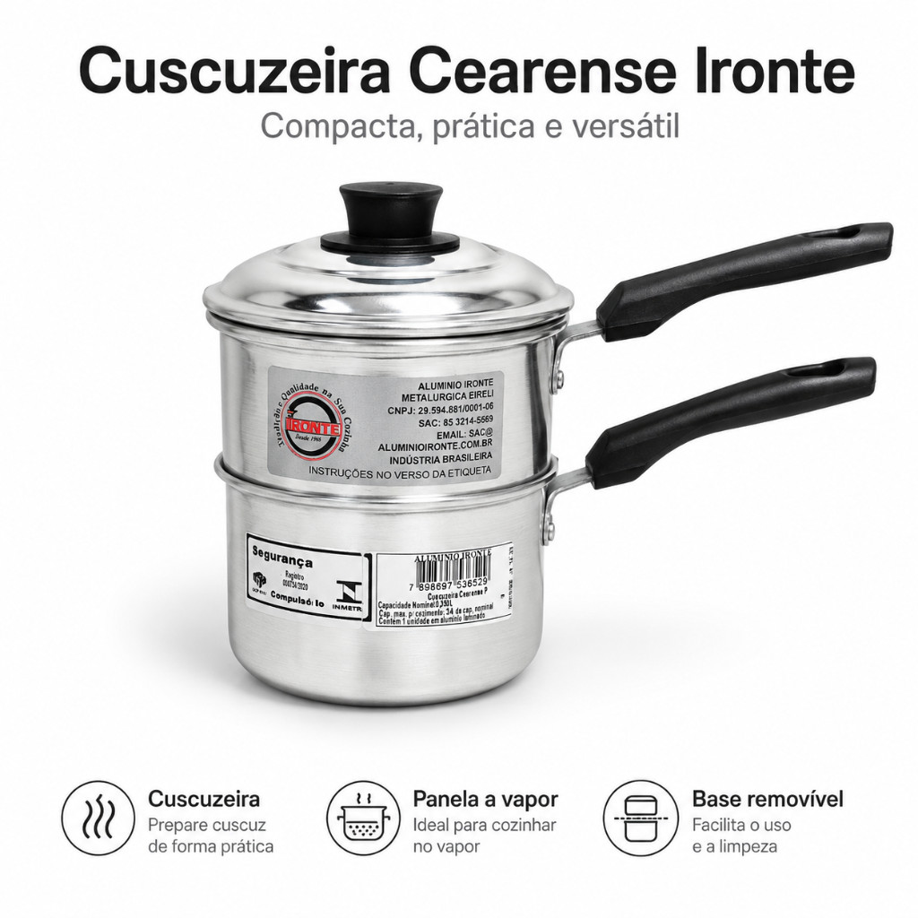 Cuscuzeira Cearense Duplex Cuscuzeiro Mini e Fervedor de Café e Chá Resistente e Durável Alumínio Ironte