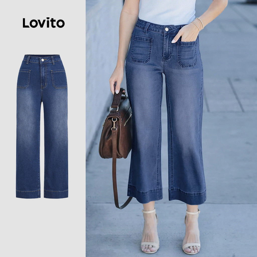 (New Arrival) Lovito Jeans Azul Casual de Lavagem com Bolso primavera/verão L195