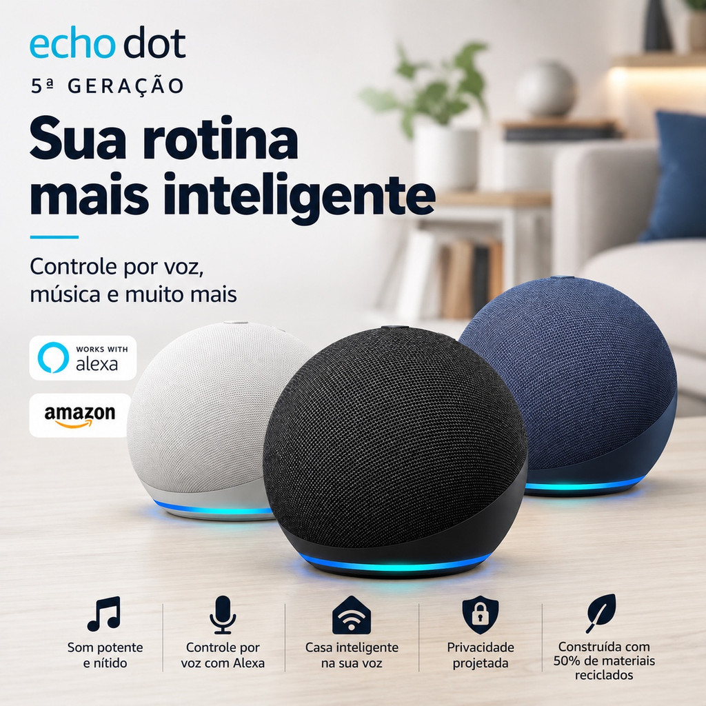 Alexa Echo Dot 5ª Geração Original Amazon Smart Speaker com Alexa Controle por Voz Música Casa Inteligente Som Potente