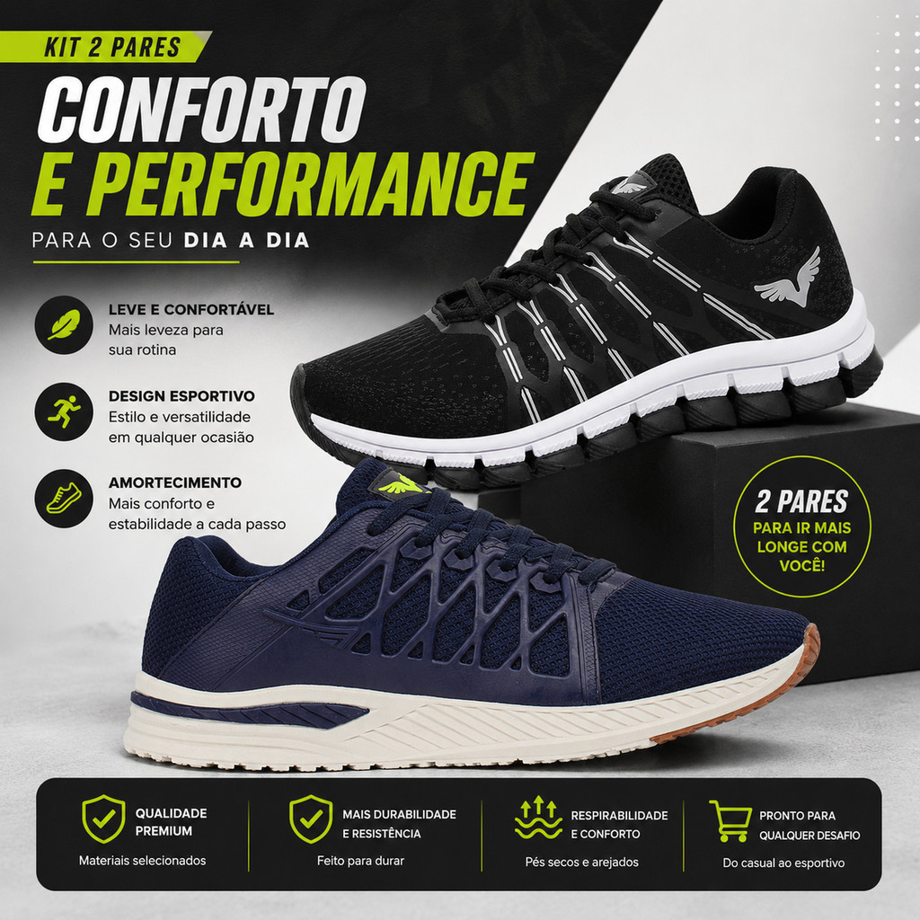 Kit 2 Tenis Masculino Respirável Corrida Academia Esportivo Olimp Air Ortopédico Macio Confortável Caminhada Leve