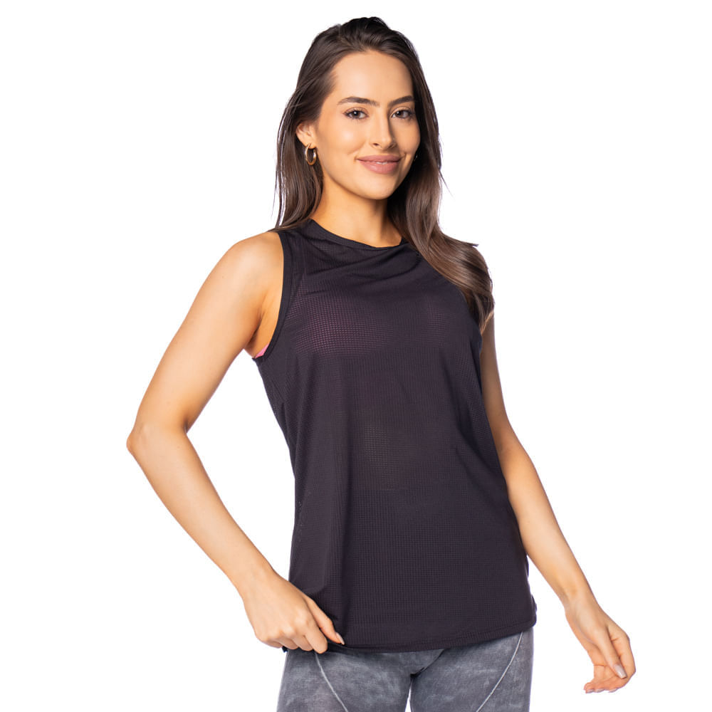 Regata Feminina Estilo do Corpo UV35 Microfuros Preto