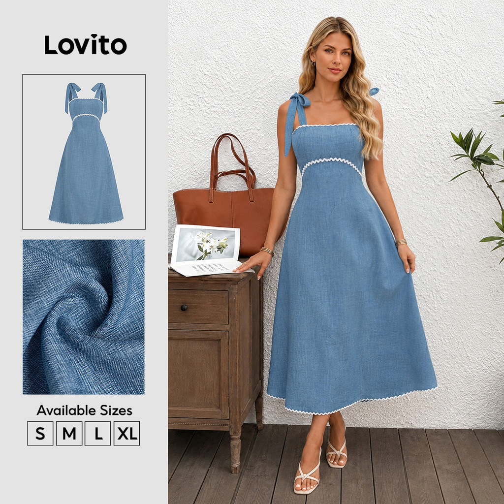 (New Arrival) Lovito Vestido Casual com Babado No Decote Frente com Renda e Amar