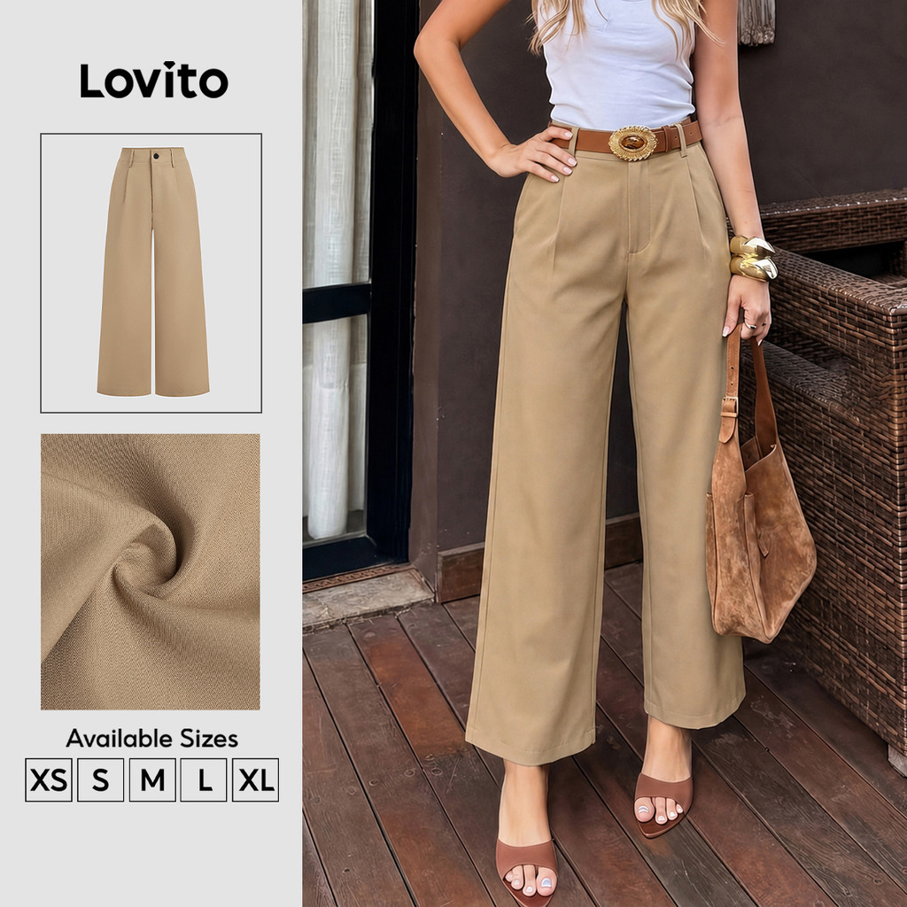 (New Arrival) Lovito Calça Feminina Elegante De Perna Reta Plissada Com Botão Baggy Primavera Verão Workwear Caqui PTB201P1D221