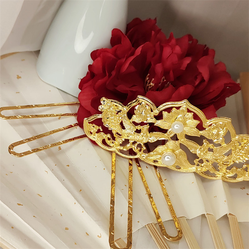 Frete grátis estilo Tang Hanfu cabeça acessórios coroa de cabelo ouro vermelho hairpin peônia flor de seda hairpin antig