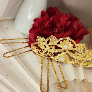 Frete grátis estilo Tang Hanfu cabeça acessórios coroa de cabelo ouro vermelho hairpin peônia flor de seda hairpin antig