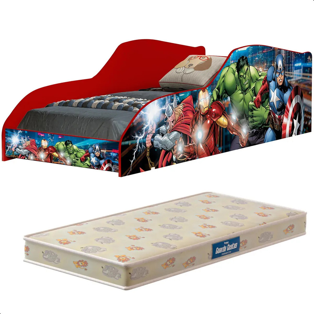 Cama Infantil Os Vingadores Com Colchão Grade De Proteção Mdf Para Quarto De Menino Vermelho