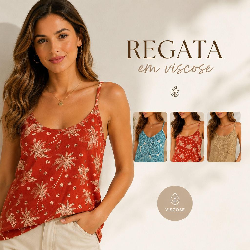 Regata Feminina Alcinha Estampada com Regulador na Alça Viscose Decote V Ajustável Verão Casual Primavera e Verão