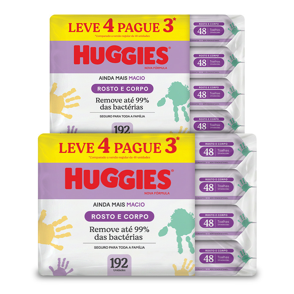 Kit 2 - Lenços Umedecidos Huggies Rosto e Corpo Limpeza 4 x 48 Un