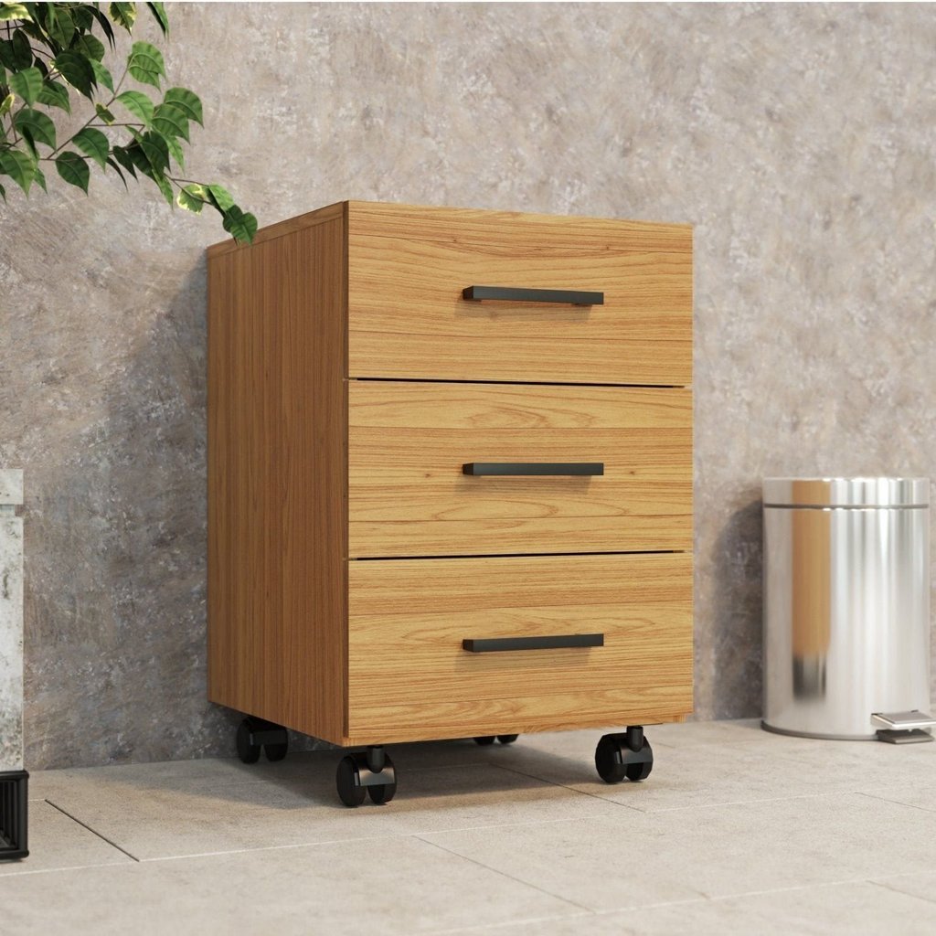 Gaveteiro para Escritório 3 Gavetas com Rodízios Industrial Marrom/Damasco 100% MDF Damasco