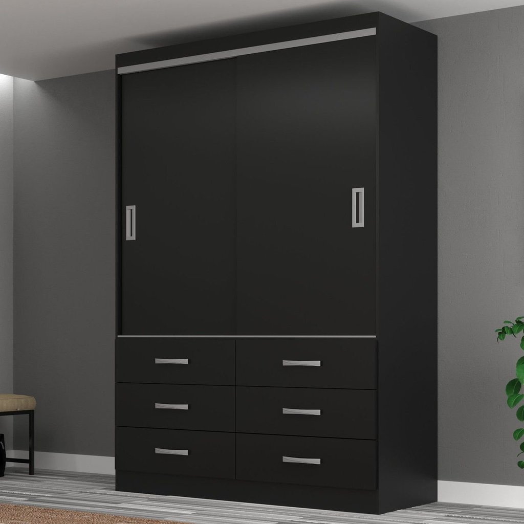Guarda Roupa Casal 2 Portas de Correr 6 Gavetas Veneza Premium Yescasa Preto Preto