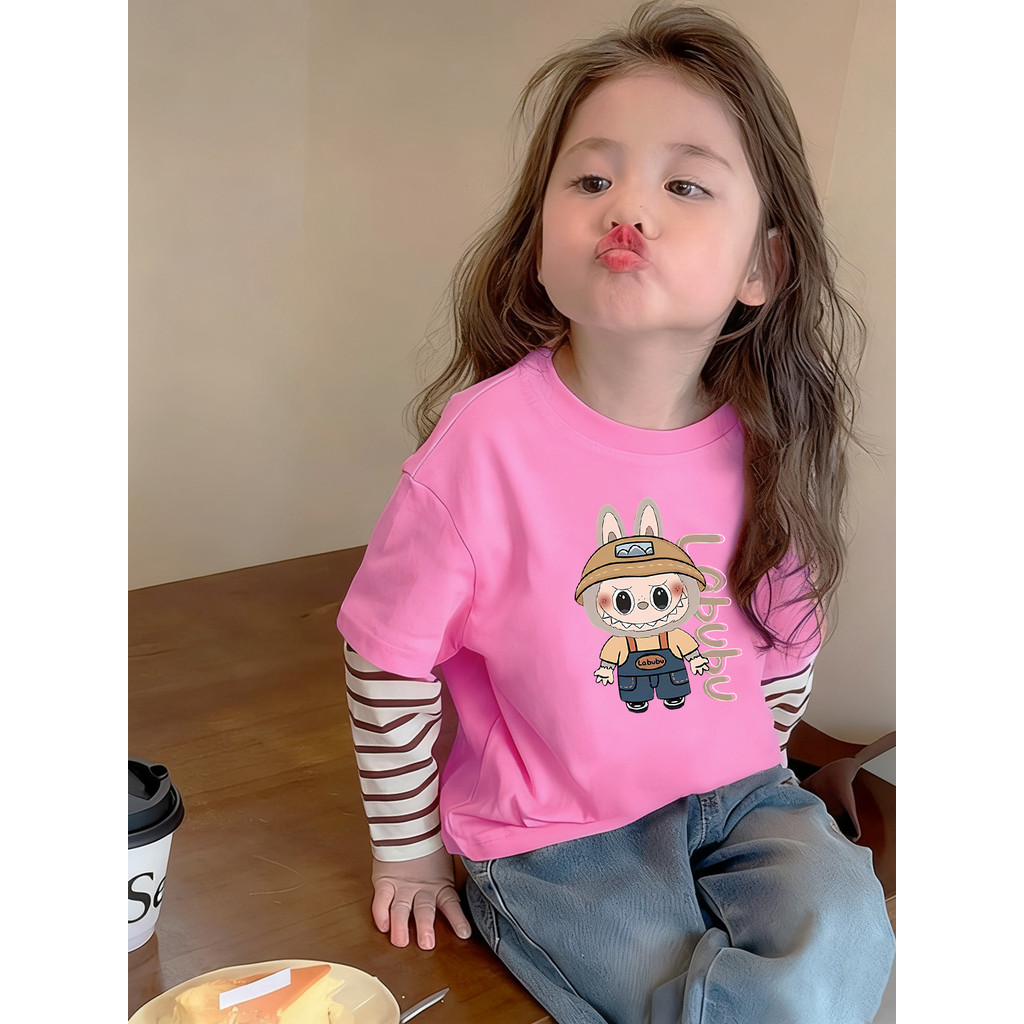 Meninas puro algodão manga comprida camiseta 2026 primavera outono novo estilo crianças estilo ocidental listrado topos 