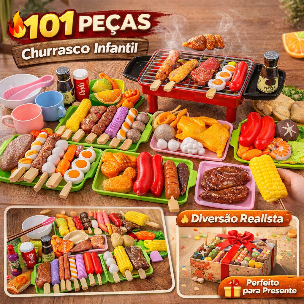 101 Peças Brinquedo Churrasco Infantil Grelha Cozinha Simulação Educativo Presente Crianças Interativo Diversão Familiar