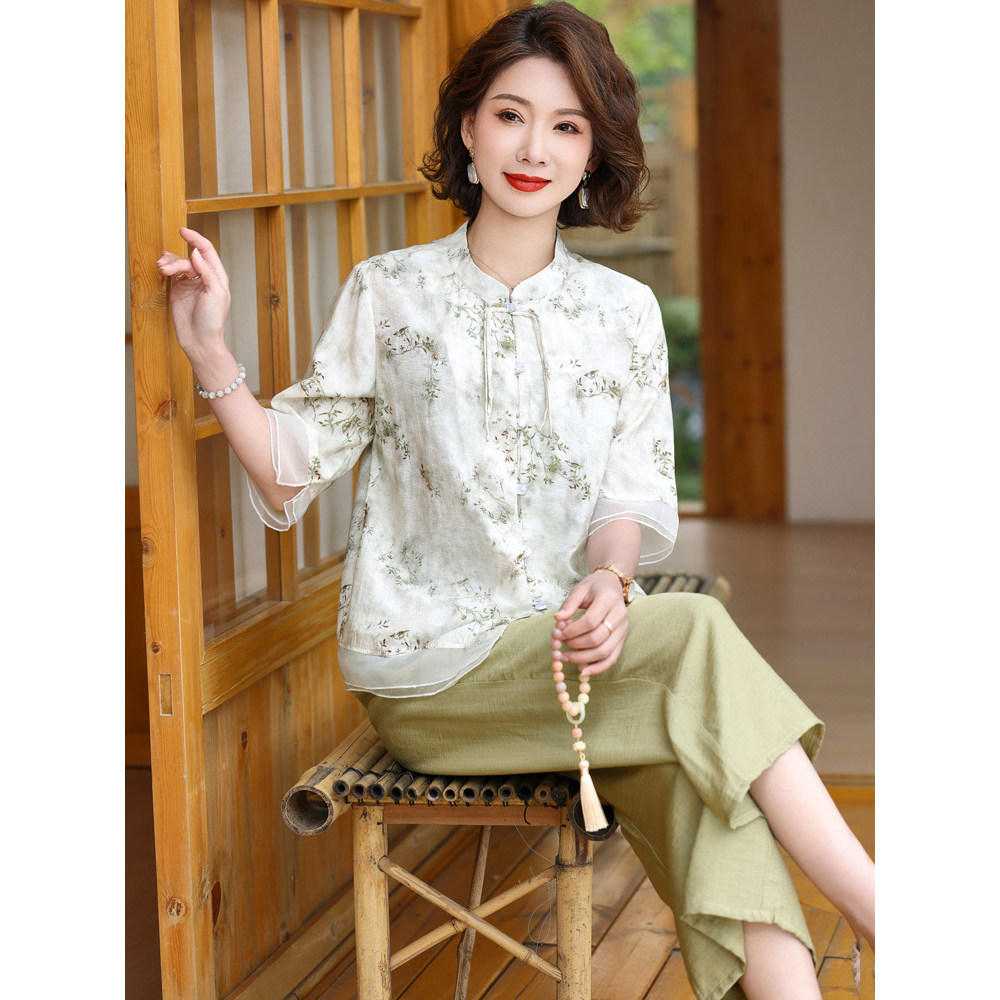 Mãe verão novo estilo elegante estilo chinês novo chinês terno de manga curta de meia-idade idosos feminino verão camisa