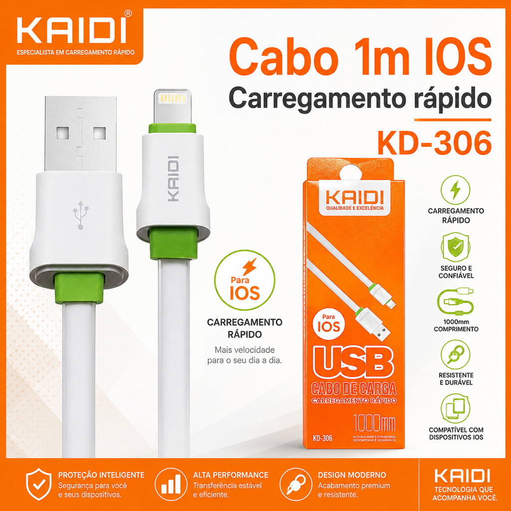 Cabo para Celular de Carga e Dados Cabo Rápido Lightning iPhone 1 metro 1m Kaidi KD-306