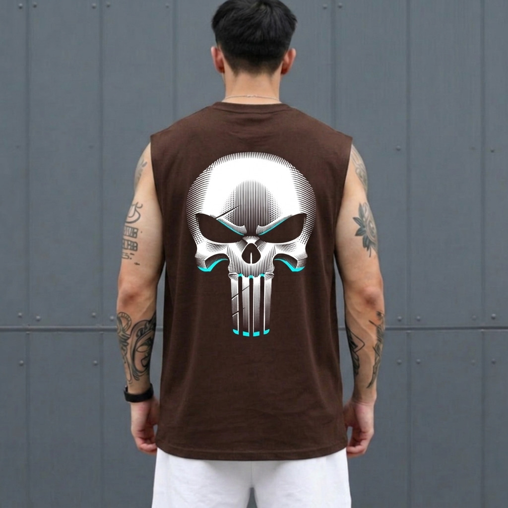 Regata Machão Oversized Caveira Punisher Estampa Premium Algodão Masculina Treino Streetwear Marrom