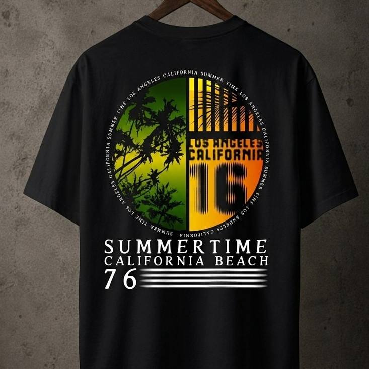 Camiseta Oversized Summertime California Beach 76 Estampada 100% Algodão Premium Streetwear Verão Unissex