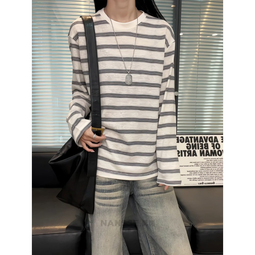 Estilo preguiçoso listrado camiseta de manga comprida das mulheres dos homens mesmo estilo primavera outono solto legal 