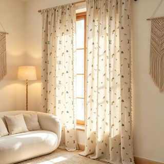 Cortina de Linho Mista Bordada com Flor e Franjas Estilo Campestre Boho Filtragem de Luz para Sala e Quarto