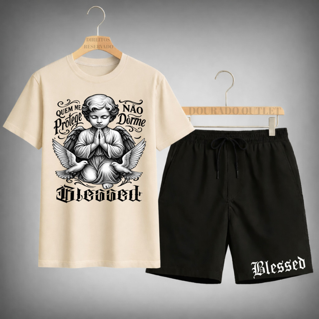 Conjunto Camiseta + Shorts Mauricinho Masculino ANJO BLESSED Lançamento Alta Qualidade Exclusivo Primavera Verão — imagem 2 de 2