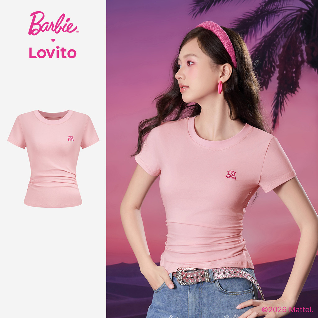 Barbie™ X Lovito Camiseta Rosa Casual Feminina Primavera/Verão Gola Redonda Bordado e Pregas LBL5AD043
