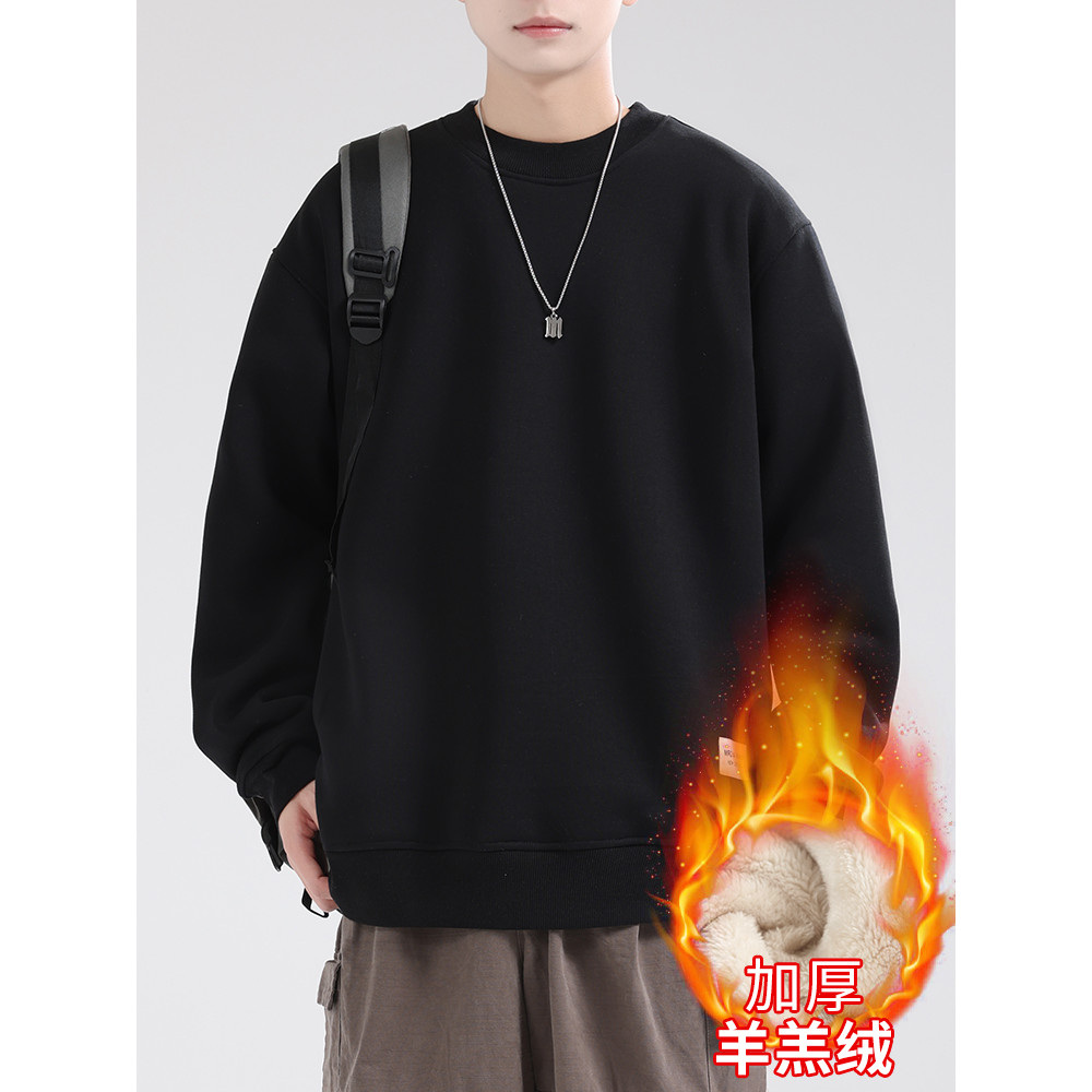 Forro de lã de cordeiro engrossado moletom curto camisa de fundo masculino interior preto solto topo outono inverno roup