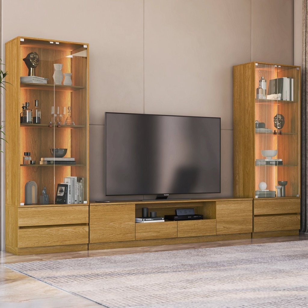 Estante para TV e Home Theater até 84 Polegadas MDF 340CMX200CM 2 Cristaleiras Liz Yescasa Carvalho