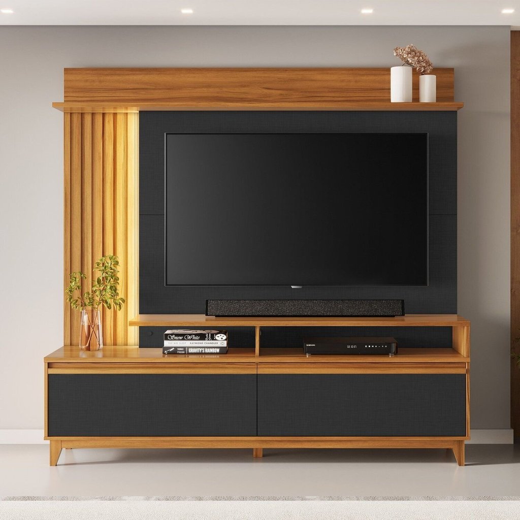 Estante Home Theater Ripado para TV até 60 Polegadas com 183cmx185,5cm Pés em Madeira Maciça 2 Portas Basculantes