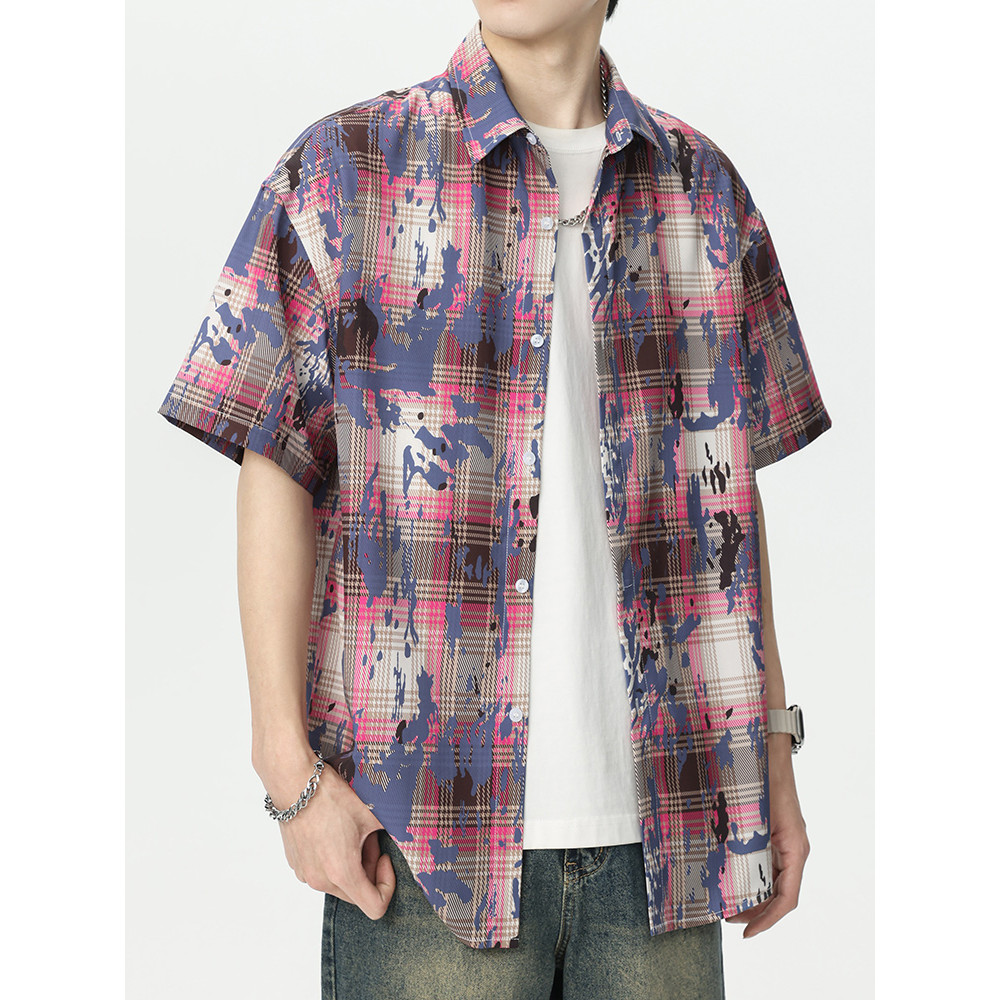 Verão estilo fino Street Wear bonito gelo seda xadrez camisa Casual jaqueta 2026 novo estilo camisa de lapela masculina 