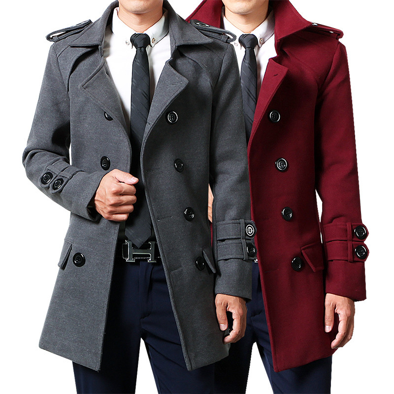 Casaco de lã masculino de inverno de comprimento médio outono duplo Breasted juventude blusão fino ajuste coreano mascul