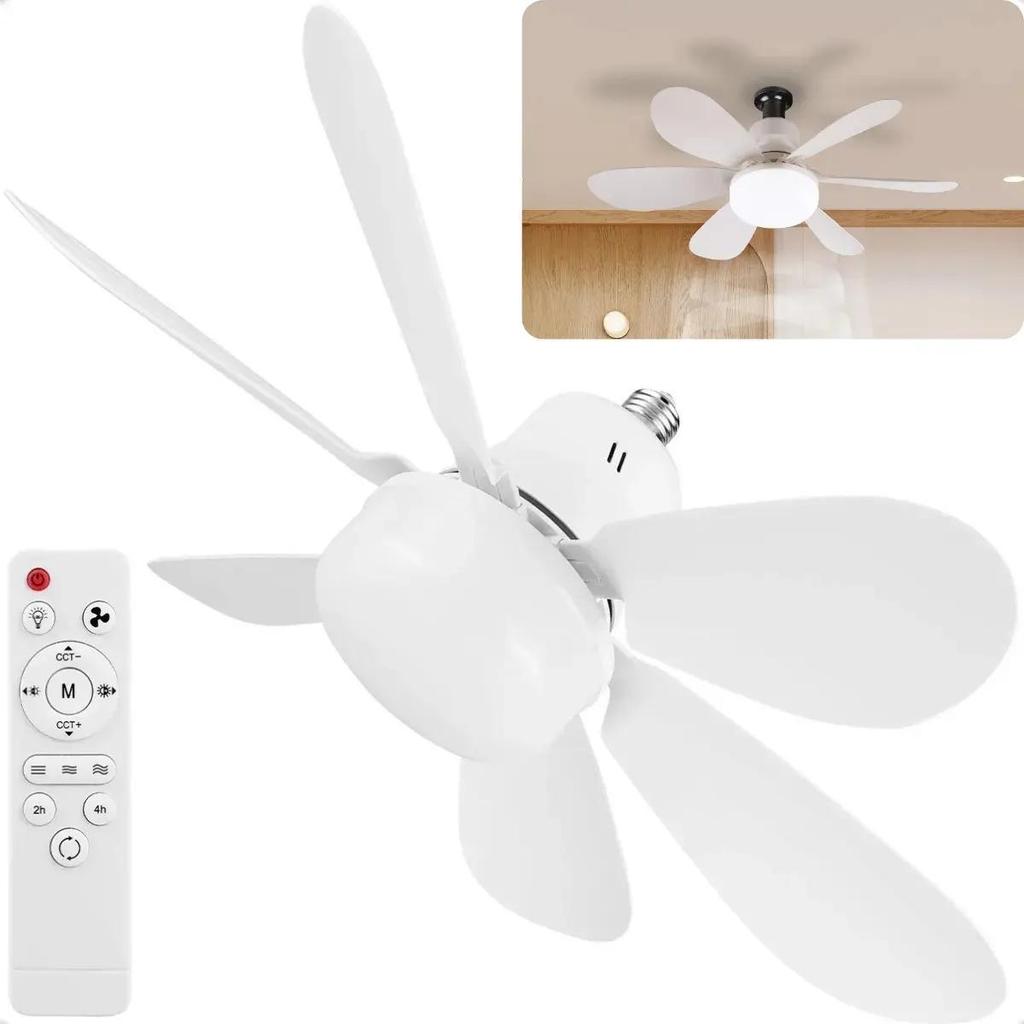 Ventilador de Teto 60W/80W com Lâmpada LED E27 3 Velocidades 3 Cores de Luz Controle Remoto Silencioso Motor DC Reversí