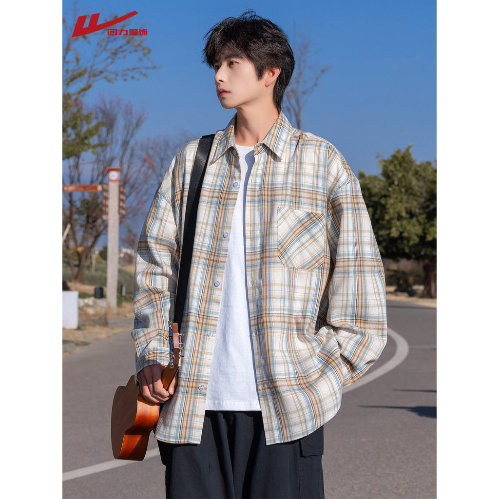 Puxar para trás verificado camisa de manga comprida masculina primavera outono verão juventude solta Casual topo meninos