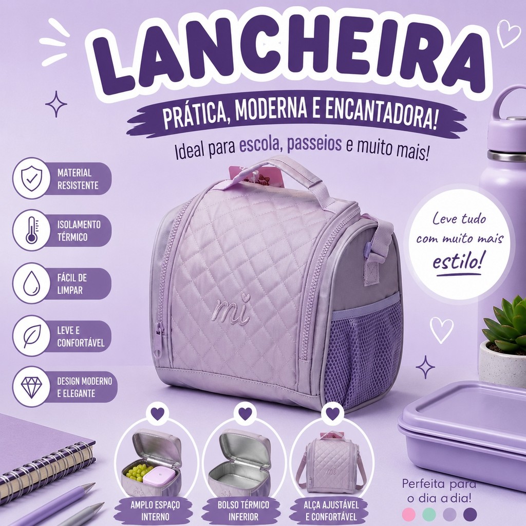 Lancheira Térmica Infantil Lamimi Matelassê Losango Com Alça de Ombro Varias Cores