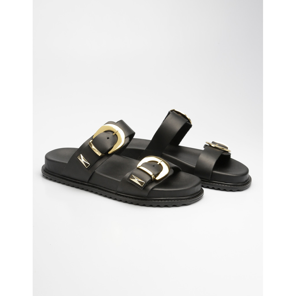 Sandália Papete Feminina Couro Flatform Fivela Dourada Rasteira Confortável Elegante Lançamento Verão
