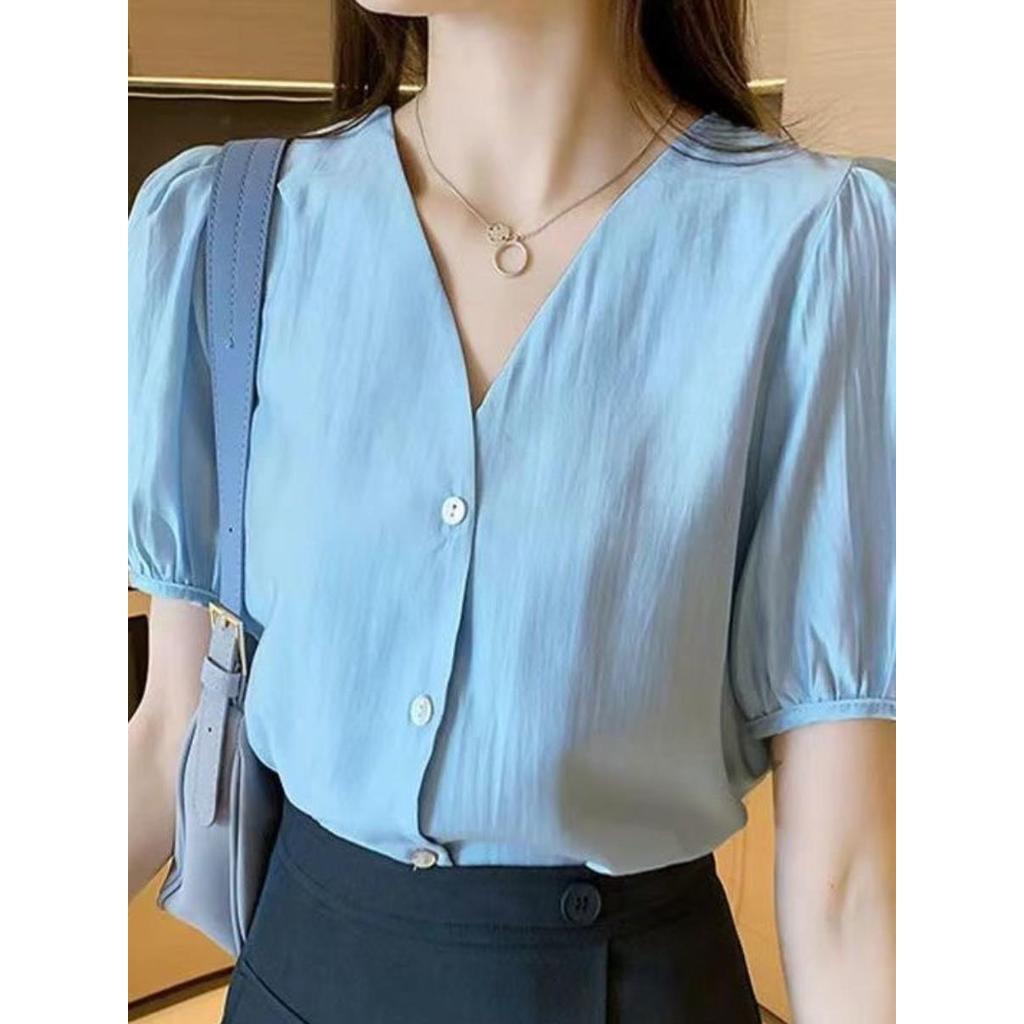 Camisa branca feminina 2026 verão novo estilo versão coreana manga bufante com decote em V solto manga curta temperament