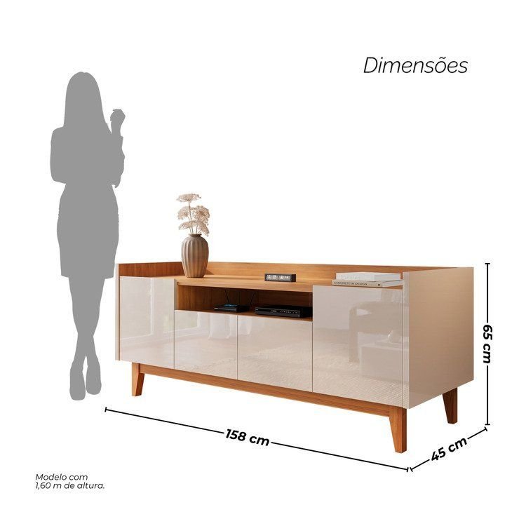 Rack para TV até 60 Polegadas MDF 158cm Pés em Madeira Maciça 4 Portas 1 Nicho Adria Versátile Bege Off White/Noce · foto 2