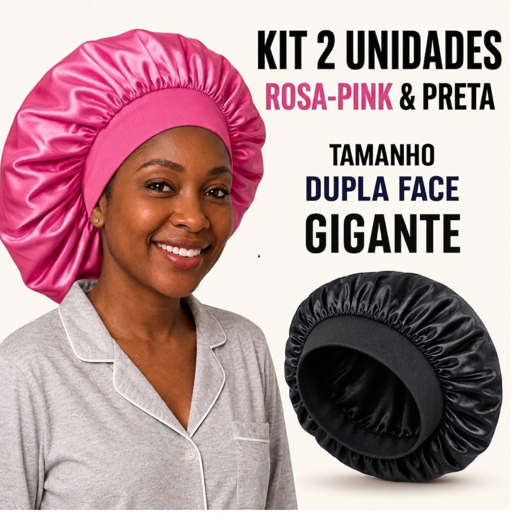 Kit 2 Toucas De Cetim Dupla Face Gigante Com Faixa Larga Para Cabelos Longos Volumosos Anti Frizz
