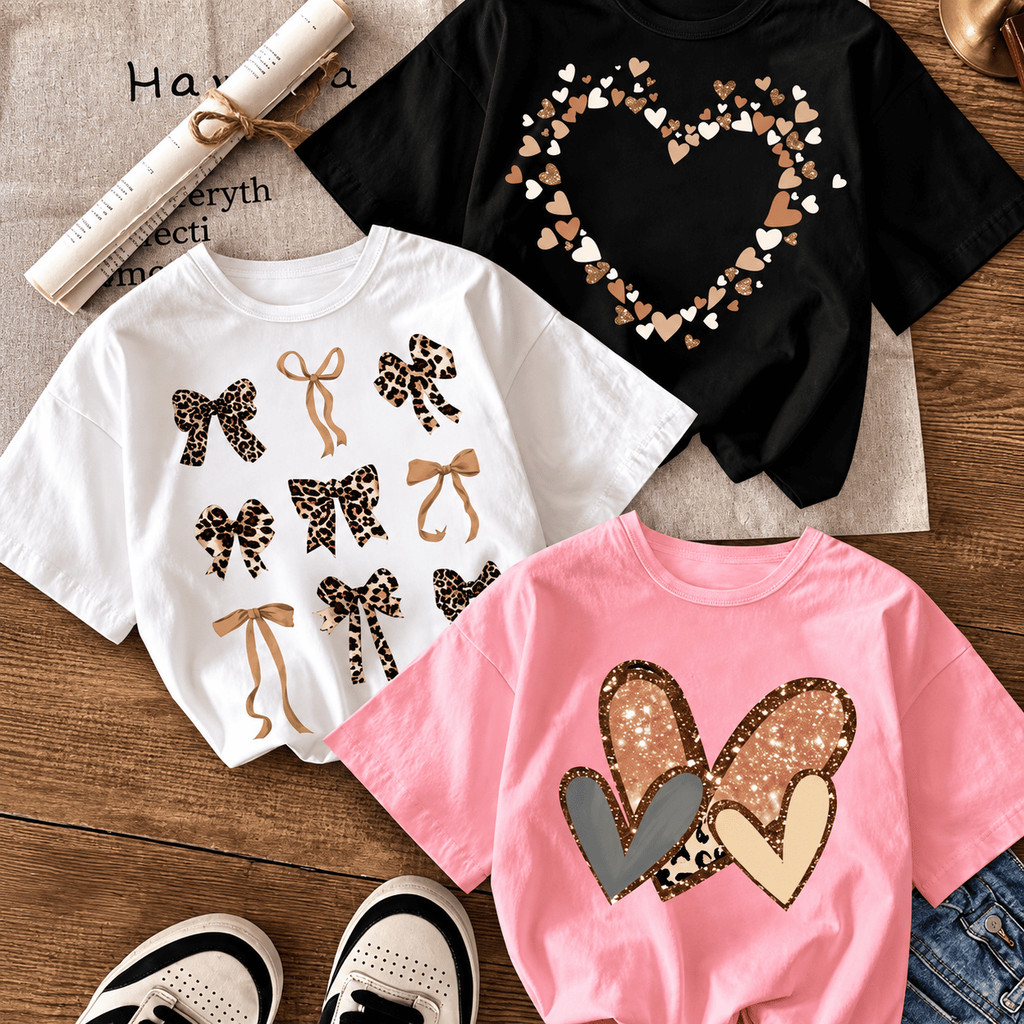 Kit 3 Camisetas Infantil Estampada Menina Delicada Moda Blogueira Luxo Corações Promoção