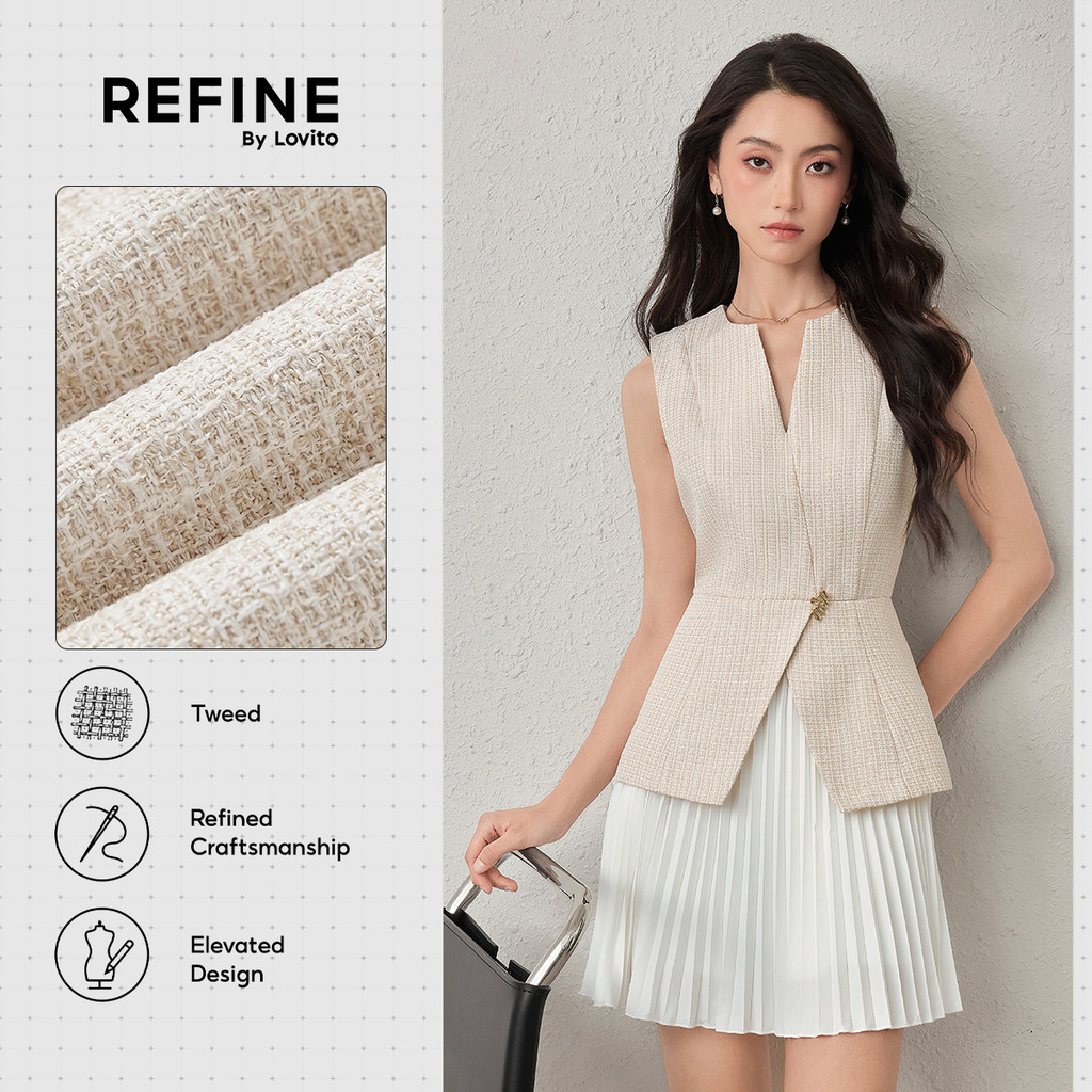 (New Arrival) (Refine by Lovito) Vestido Tweed Anti-Transpiração Plissado Metal Feminino Primavera/Verão DRR42P1D011