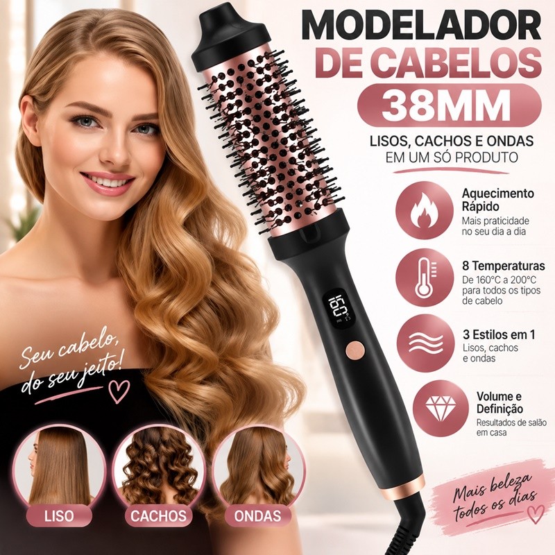 Escova Térmica 2 em 1 Alisadora e Modeladora de Cachos 38mm Bivolt com Íons 110–200°C AIRER.BR