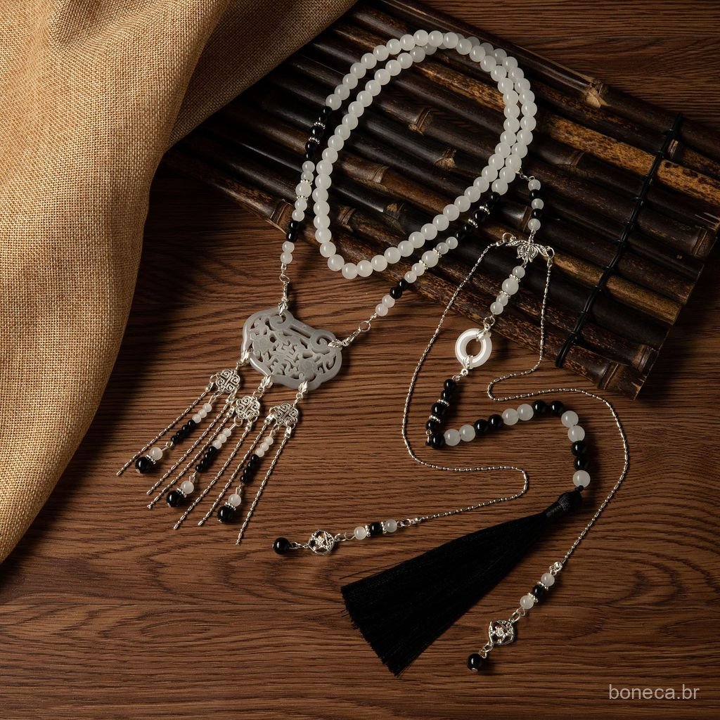 Colar com franjas em estilo Hanfu antigo, colar longo com pingente, colar retro da dinastia Ming para uso diário, colar 