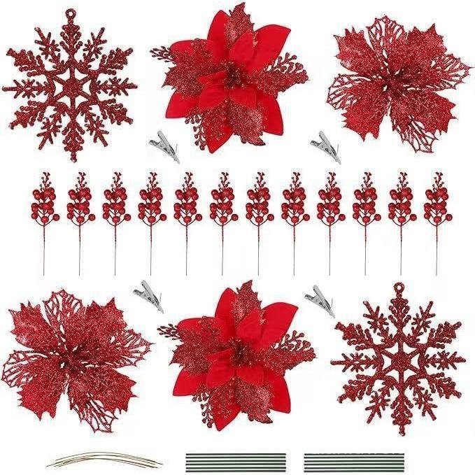 Conjunto de flores de Natal com efeito de flocos de neve e brilho dourado, enfeites natalinos luxuosos, adereços para fo